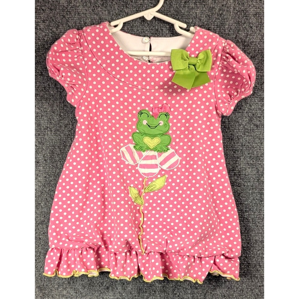 Bonnie Jean Girls Frog Applique Dress Pink Polka Dot Party Dress Size 5
